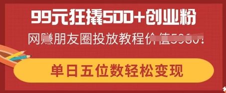 99元狂撬500+创业粉,单日五位数轻松变现,网创朋友圈投放教程-老段项目分享